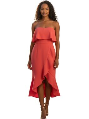 Xscape Coral Strapless Ruffle Hi-Low Cocktail Wedding Guest Crepe Dress Size 4